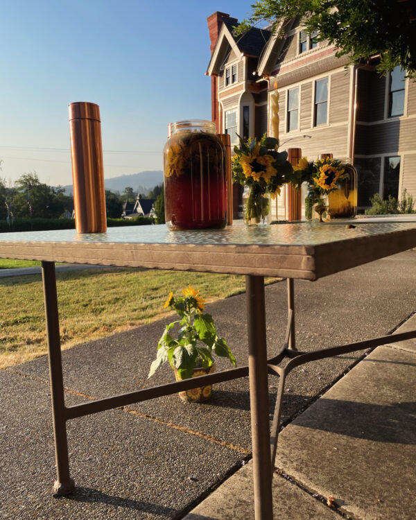 House Altar Sunflowers Water Bottle Oil Golden Sol Sun in Leo Sphere and Sundry